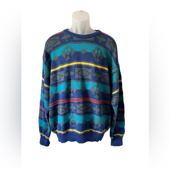 FINAL SALE‼️‼️ Men’s VTG Claiborne Blue Geometric Multicolor Pullover Sweater  L - Picture 1 of 10